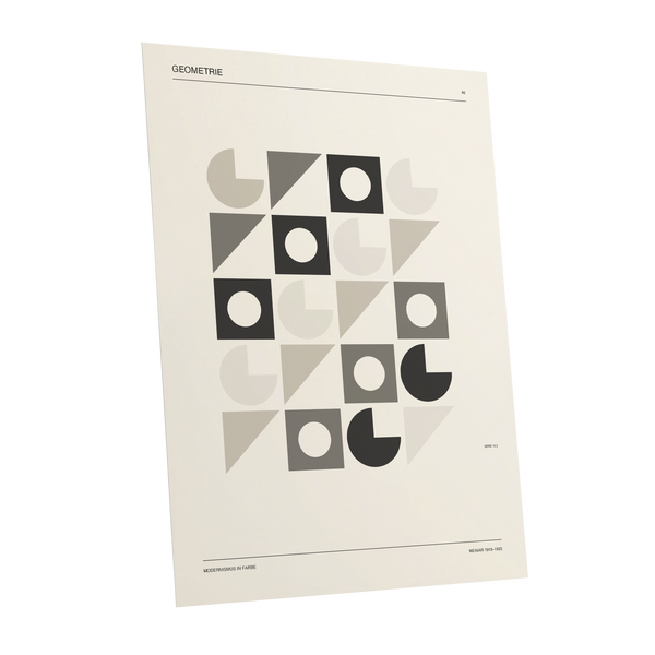 Ordered Geometries, beige, gray, black minimalist wall art shown as a unframed poster wall art print
