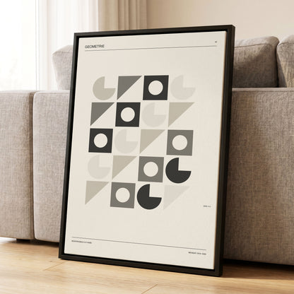 Ordered Geometries, beige, gray, black minimalist wall art displayed in a styled interior, gallery view 1