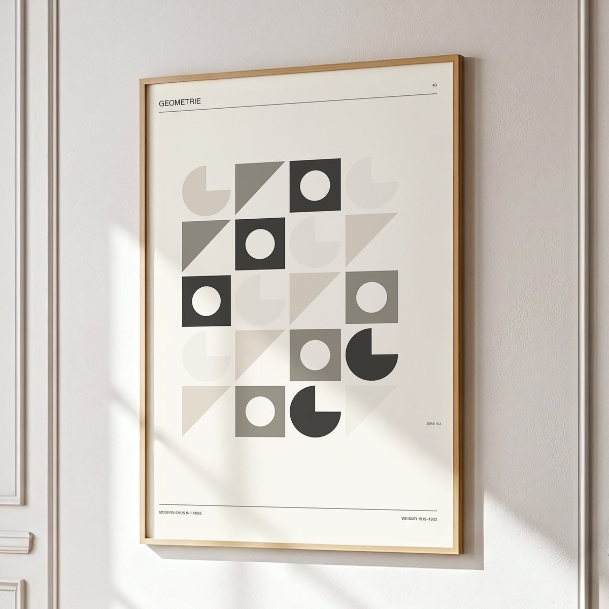 Ordered Geometries, beige, gray, black minimalist wall art displayed in a styled interior, gallery view 2