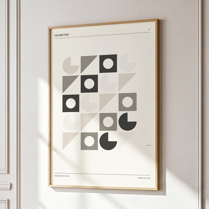 Ordered Geometries, beige, gray, black minimalist wall art displayed in a styled interior, gallery view 2