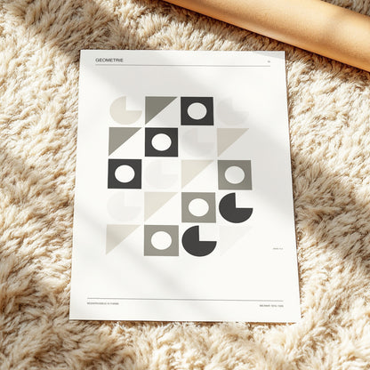 Ordered Geometries, beige, gray, black minimalist wall art displayed in a styled interior, gallery view 3