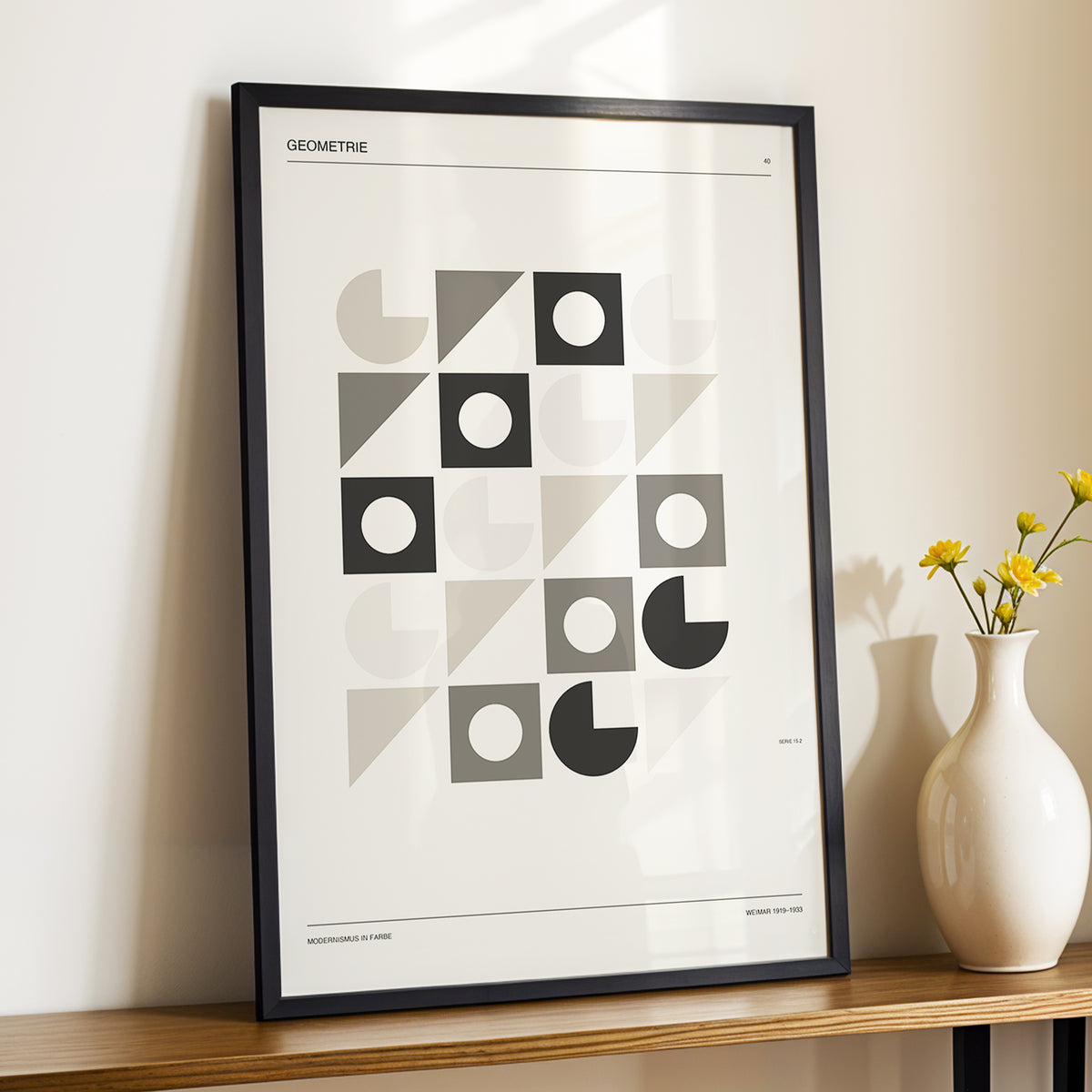 Ordered Geometries, beige, gray, black minimalist wall art displayed in a styled interior, gallery view 4