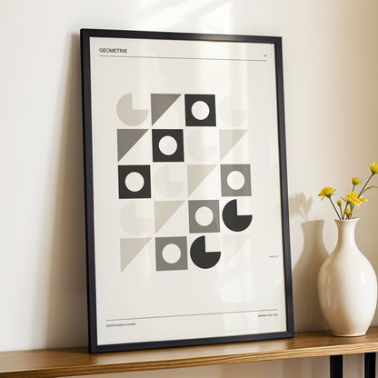 Ordered Geometries, beige, gray, black minimalist wall art displayed in a styled interior, gallery view 4