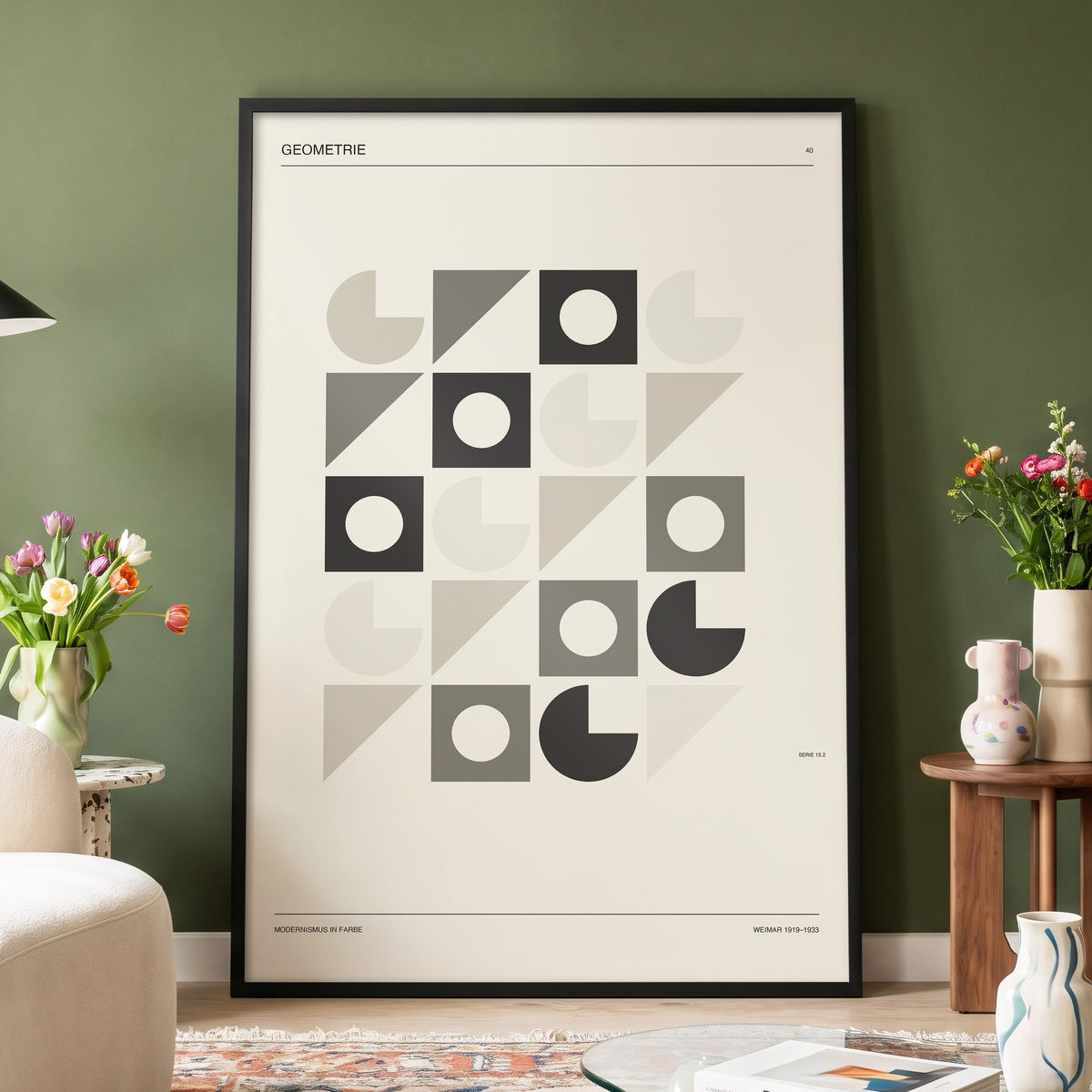 Ordered Geometries, beige, gray, black minimalist wall art displayed in a styled interior, gallery view 5