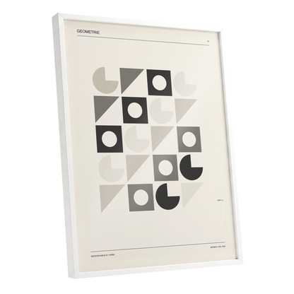 Ordered Geometries, beige, gray, black minimalist wall art shown as a white framed poster wall art print
