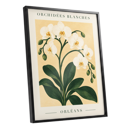 Orléans Orchid Bloom, white, green, beige floral wall art shown as a black framed poster wall art print