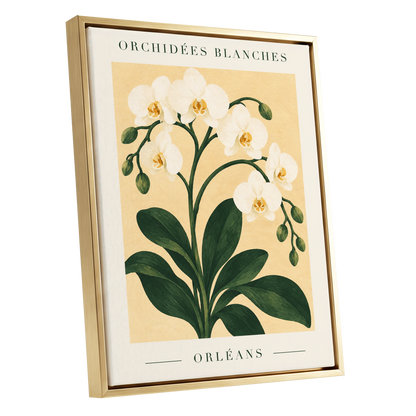 Orléans Orchid Bloom, white, green, beige floral wall art shown as a gold framed canvas wall art