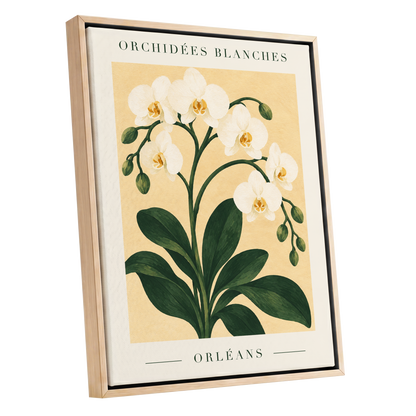 Orléans Orchid Bloom, white, green, beige floral wall art shown as a oak framed canvas wall art