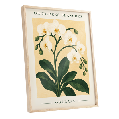 Orléans Orchid Bloom, white, green, beige floral wall art shown as a oak framed poster wall art print