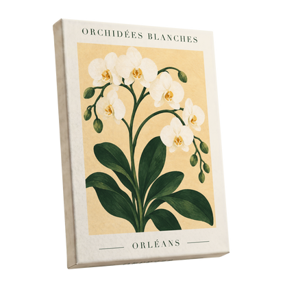Orléans Orchid Bloom, white, green, beige floral wall art shown as a stretched canvas wall art