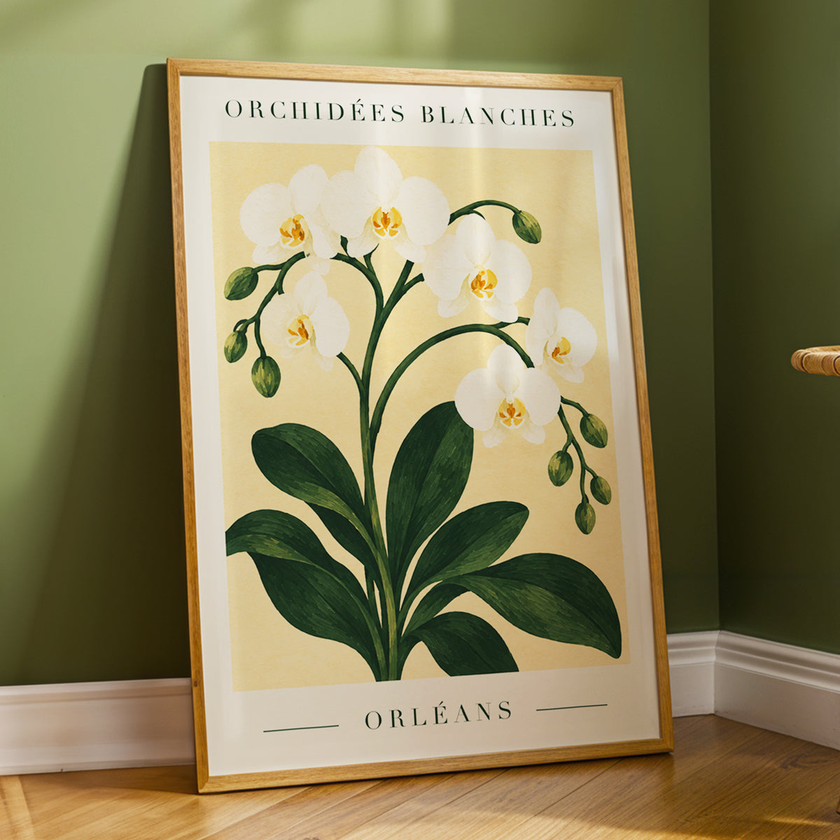 Orléans Orchid Bloom, white, green, beige floral wall art displayed in a styled interior, gallery view 2