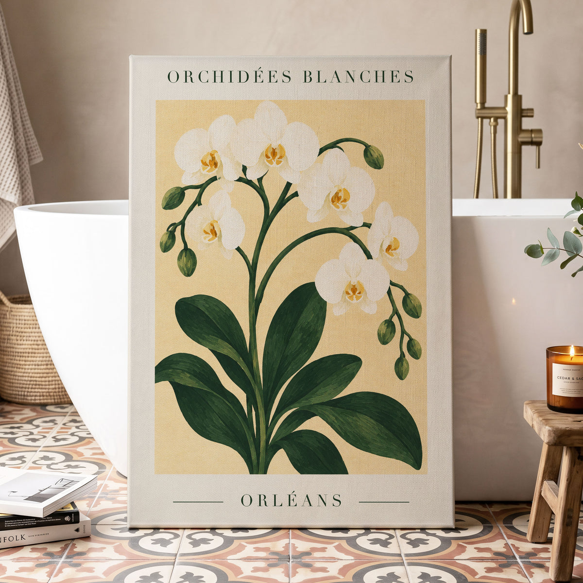 Orléans Orchid Bloom, white, green, beige floral wall art displayed in a styled interior, gallery view 3
