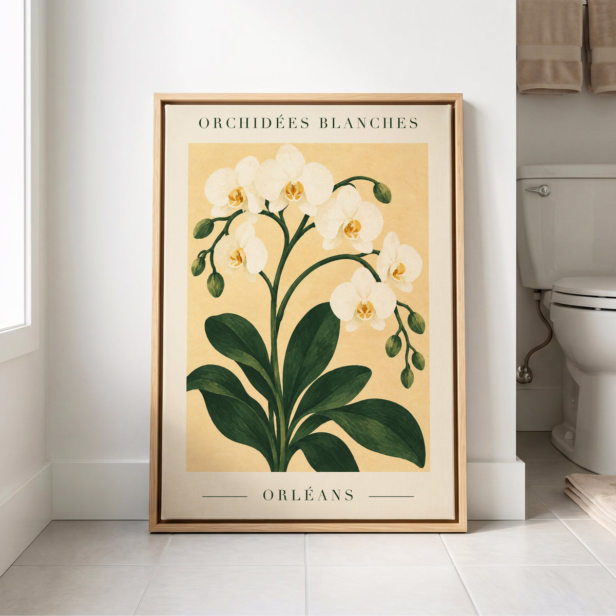 Orléans Orchid Bloom, white, green, beige floral wall art displayed in a styled interior, gallery view 4