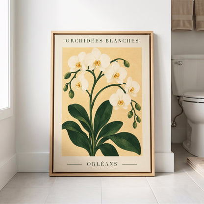 Orléans Orchid Bloom, white, green, beige floral wall art displayed in a styled interior, gallery view 4