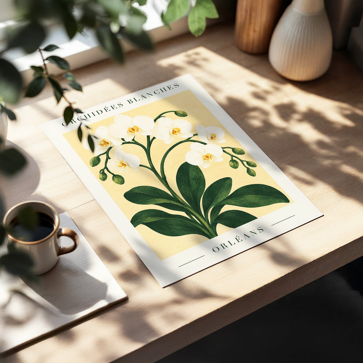 Orléans Orchid Bloom, white, green, beige floral wall art displayed in a styled interior, gallery view 5