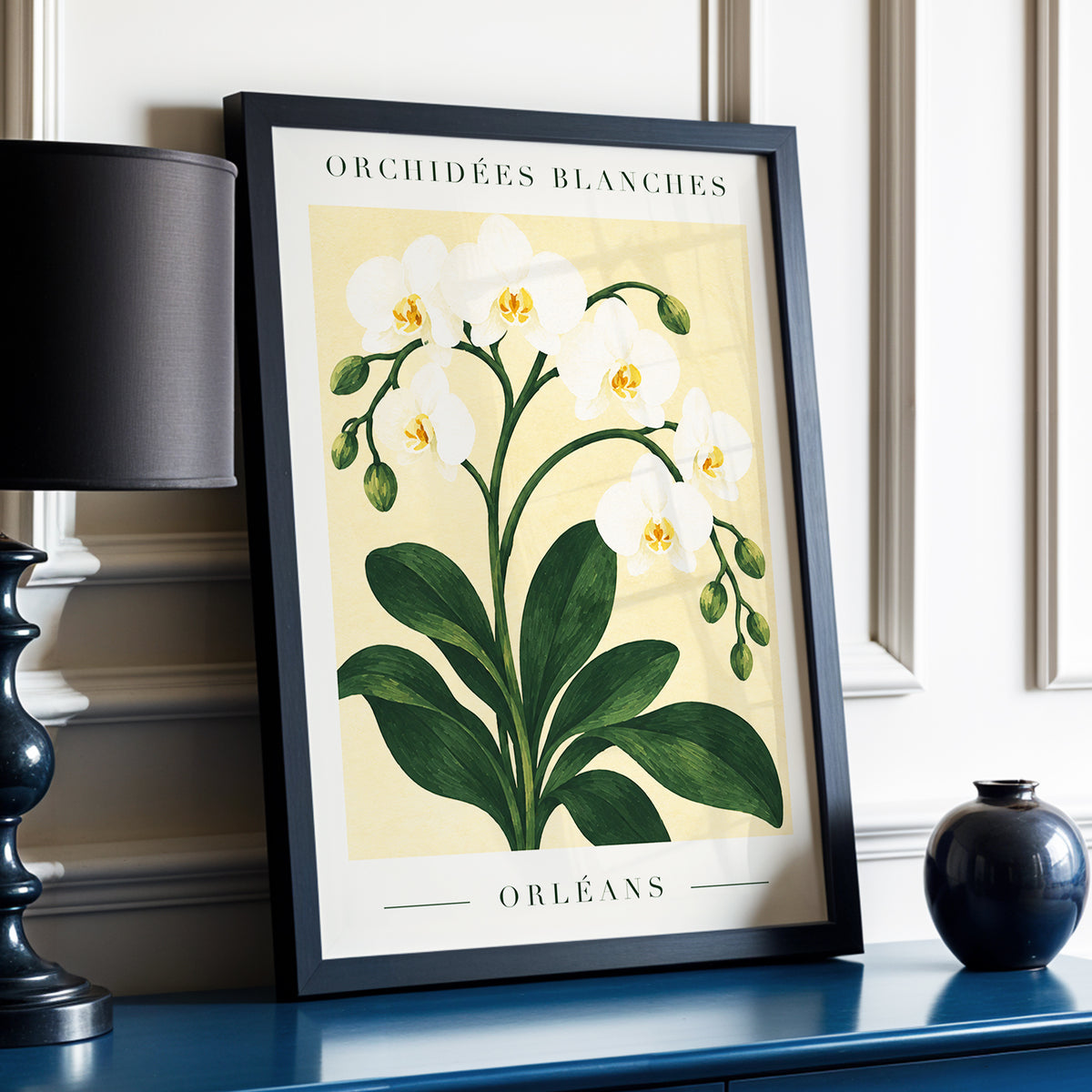 Orléans Orchid Bloom, white, green, beige floral wall art displayed in a styled interior, gallery view 6