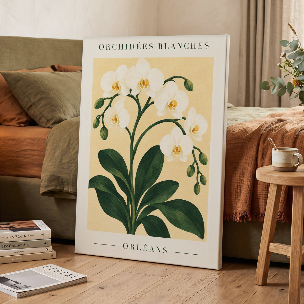 Orléans Orchid Bloom, white, green, beige floral wall art displayed in a styled interior, gallery view 7