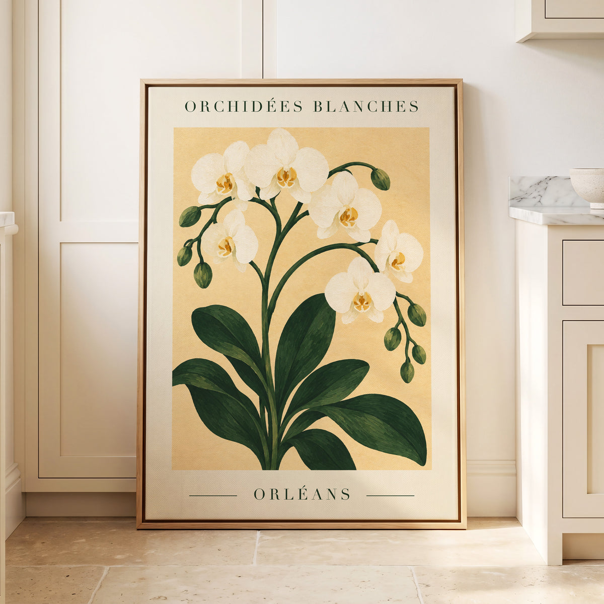 Orléans Orchid Bloom, white, green, beige floral wall art displayed in a styled interior, gallery view 8
