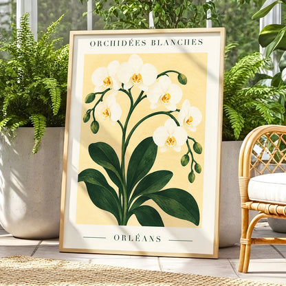 Orléans Orchid Bloom, white, green, beige floral wall art displayed in a styled interior, gallery view 9