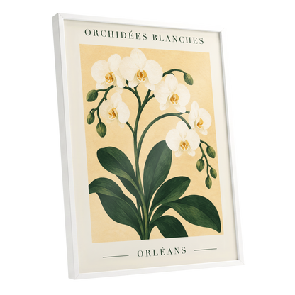 Orléans Orchid Bloom, white, green, beige floral wall art shown as a white framed poster wall art print