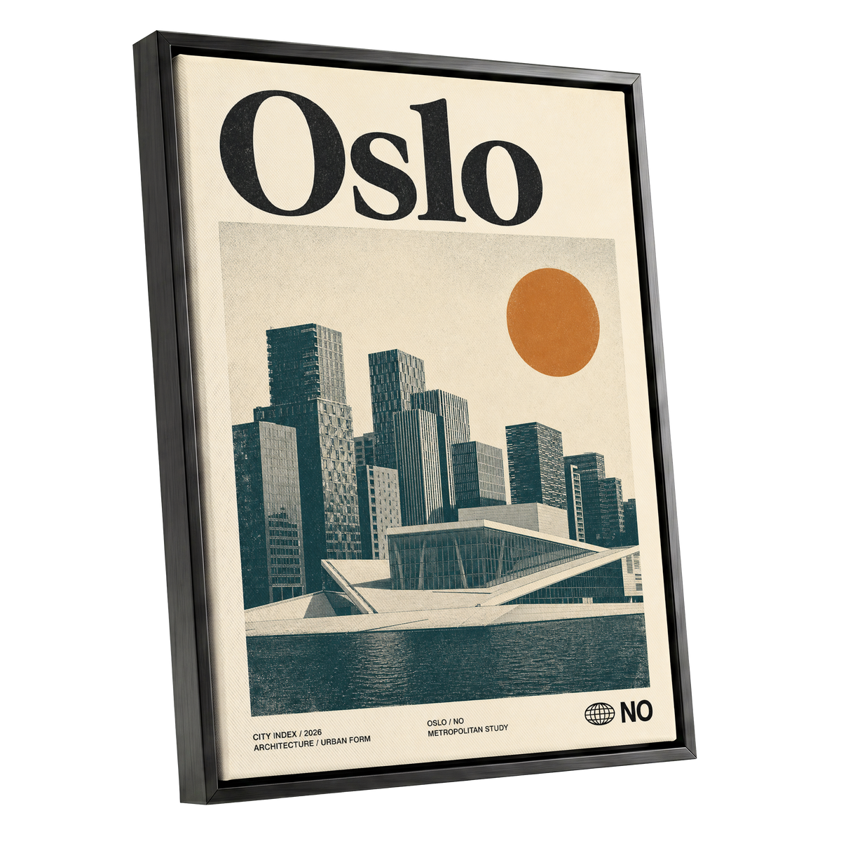 Oslo Modernist Horizon, beige, black, orange minimalist wall art shown as a black framed canvas wall art