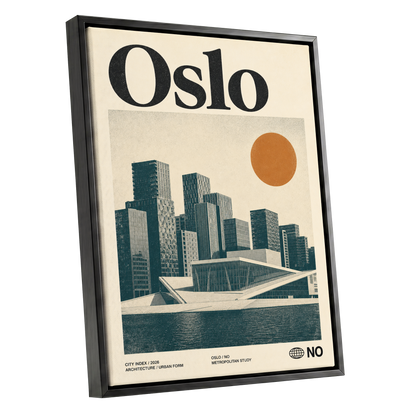 Oslo Modernist Horizon, beige, black, orange minimalist wall art shown as a black framed canvas wall art