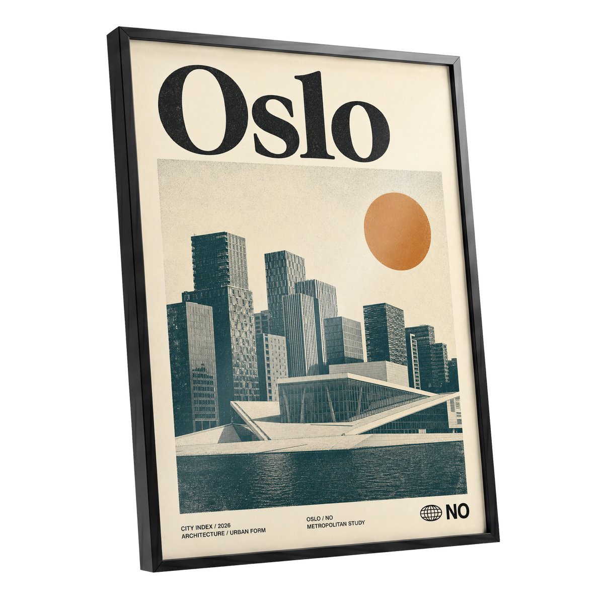 Oslo Modernist Horizon, beige, black, orange minimalist wall art shown as a black framed poster wall art print