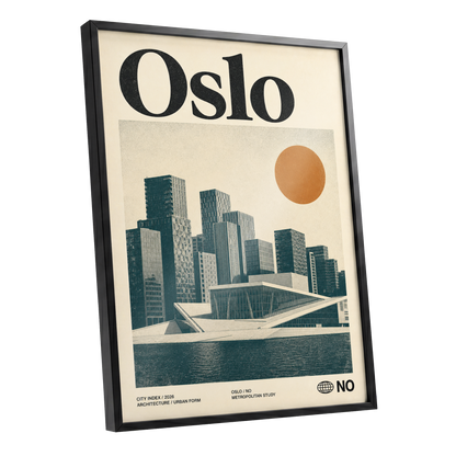 Oslo Modernist Horizon, beige, black, orange minimalist wall art shown as a black framed poster wall art print
