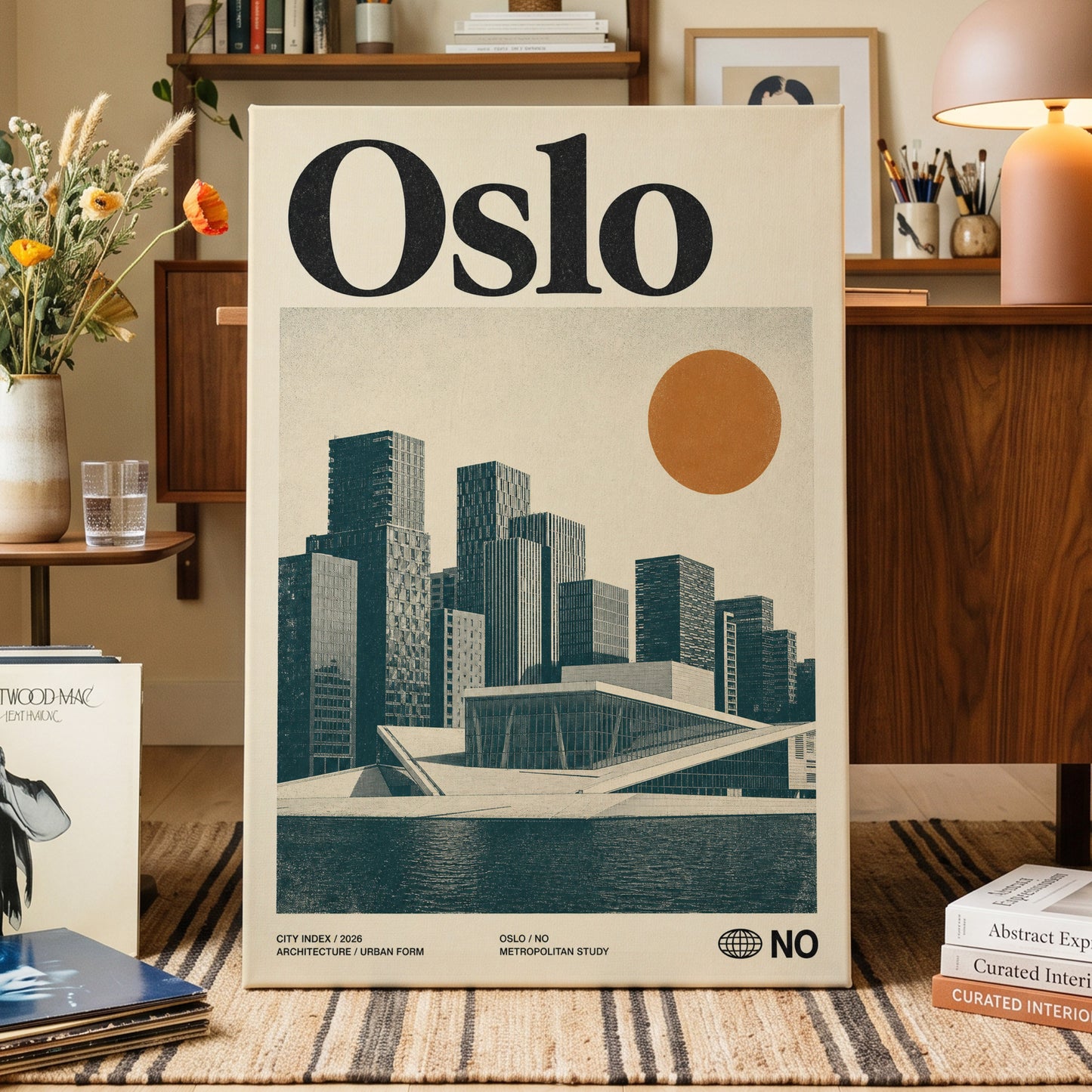 Oslo Modernist Horizon, beige, black, orange minimalist wall art on canvas displayed in a styled interior, gallery view 1