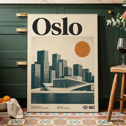 Oslo Modernist Horizon, beige, black, orange minimalist wall art on canvas displayed in a styled interior, gallery view 2