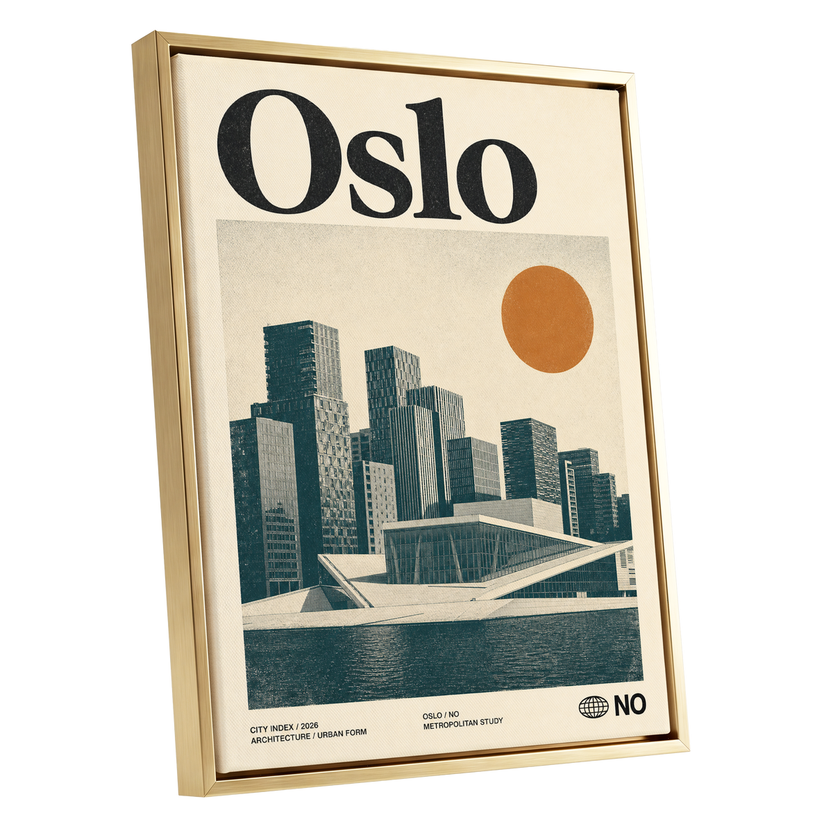 Oslo Modernist Horizon, beige, black, orange minimalist wall art shown as a gold framed canvas wall art