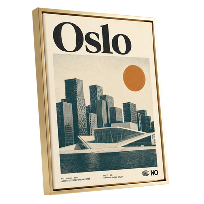 Oslo Modernist Horizon, beige, black, orange minimalist wall art shown as a gold framed canvas wall art