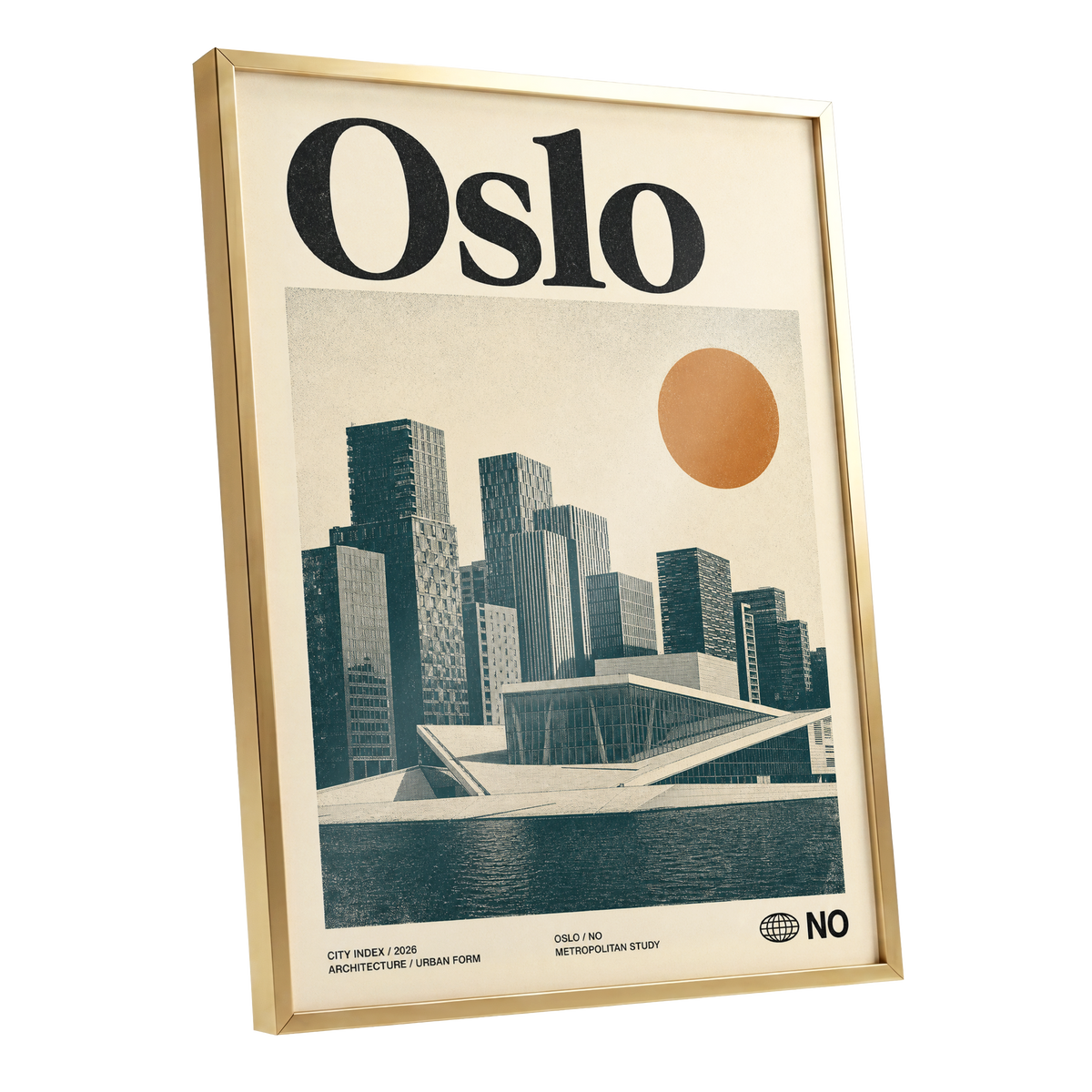 Oslo Modernist Horizon, beige, black, orange minimalist wall art shown as a gold framed poster wall art print