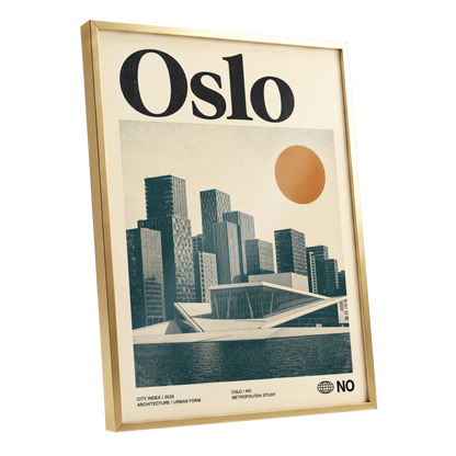 Oslo Modernist Horizon, beige, black, orange minimalist wall art shown as a gold framed poster wall art print