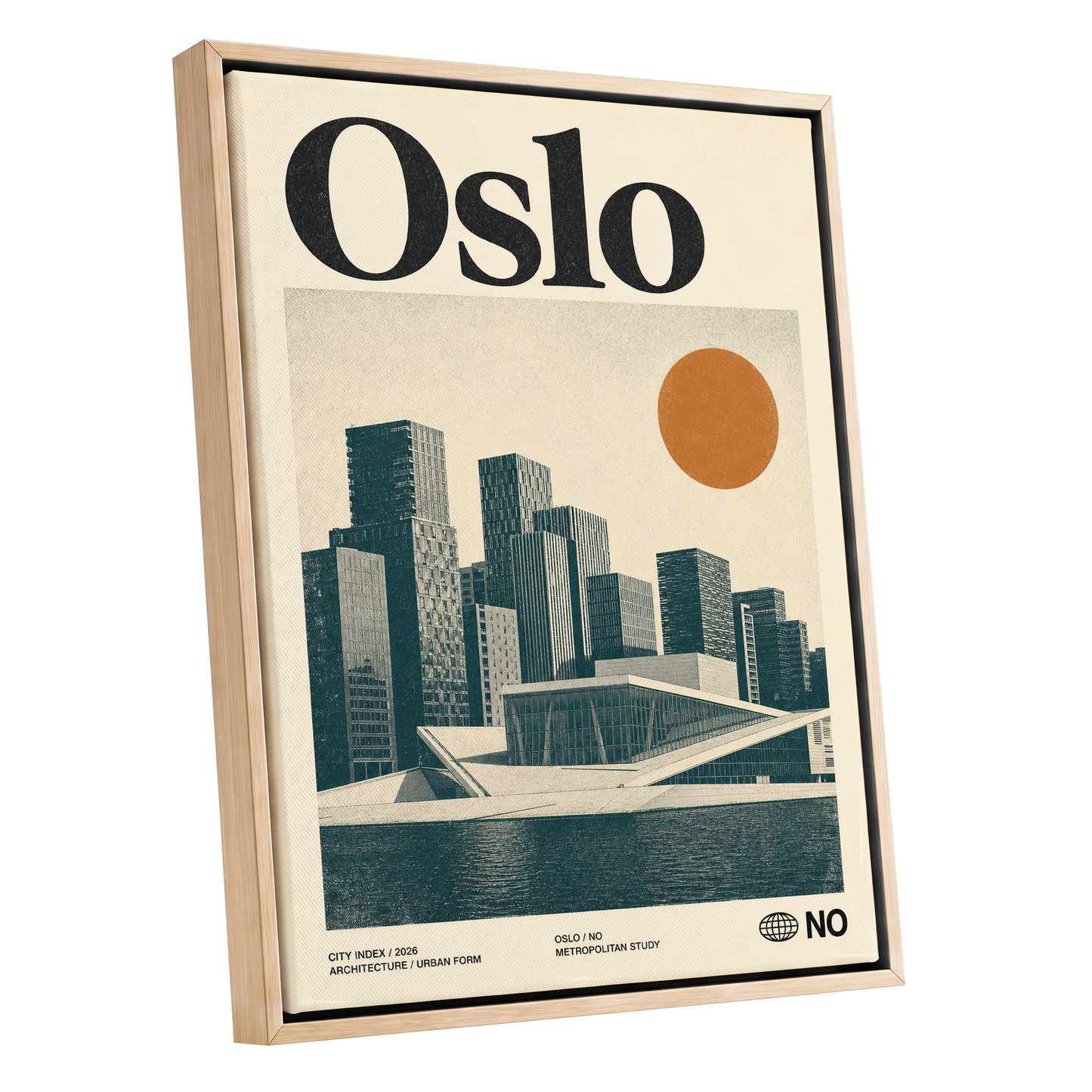 Oslo Modernist Horizon, beige, black, orange minimalist wall art shown as a oak framed canvas wall art