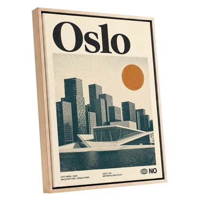 Oslo Modernist Horizon, beige, black, orange minimalist wall art shown as a oak framed canvas wall art