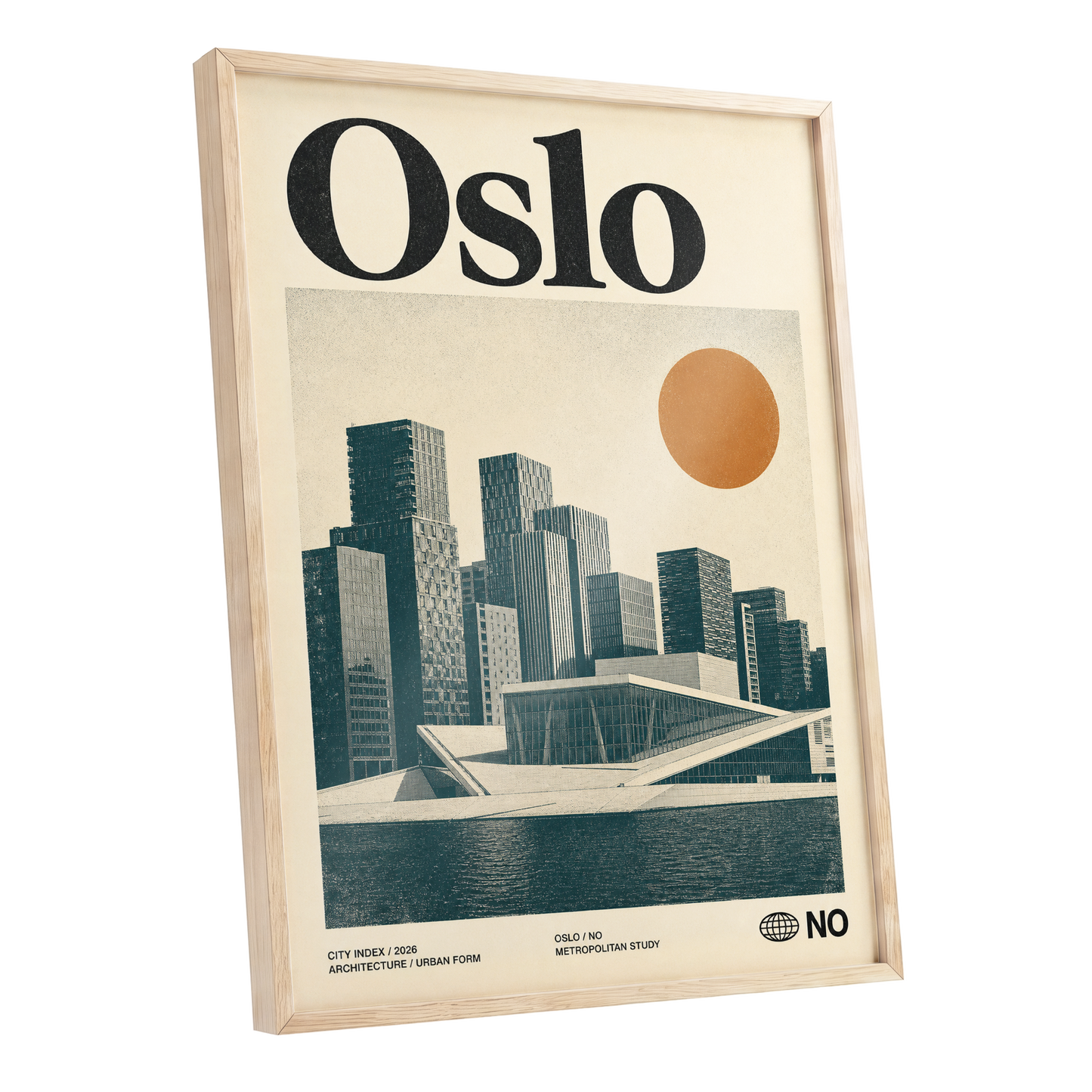 Oslo Modernist Horizon, beige, black, orange minimalist wall art shown as a oak framed poster wall art print