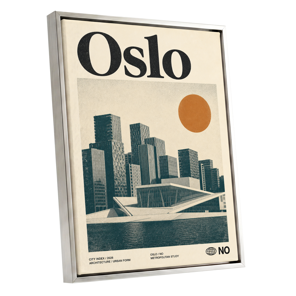 Oslo Modernist Horizon, beige, black, orange minimalist wall art shown as a silver framed canvas wall art