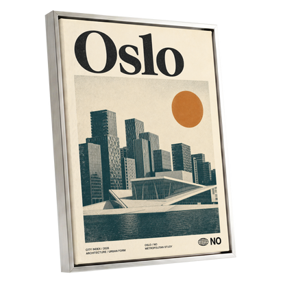 Oslo Modernist Horizon, beige, black, orange minimalist wall art shown as a silver framed canvas wall art
