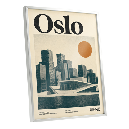 Oslo Modernist Horizon, beige, black, orange minimalist wall art shown as a silver framed poster wall art print