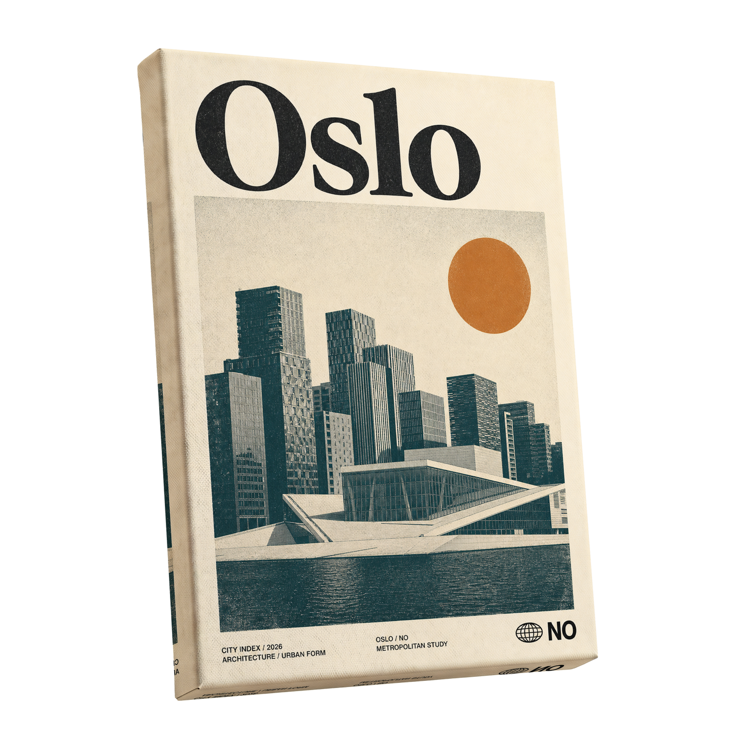 Oslo Modernist Horizon, beige, black, orange minimalist wall art shown as a stretched canvas wall art