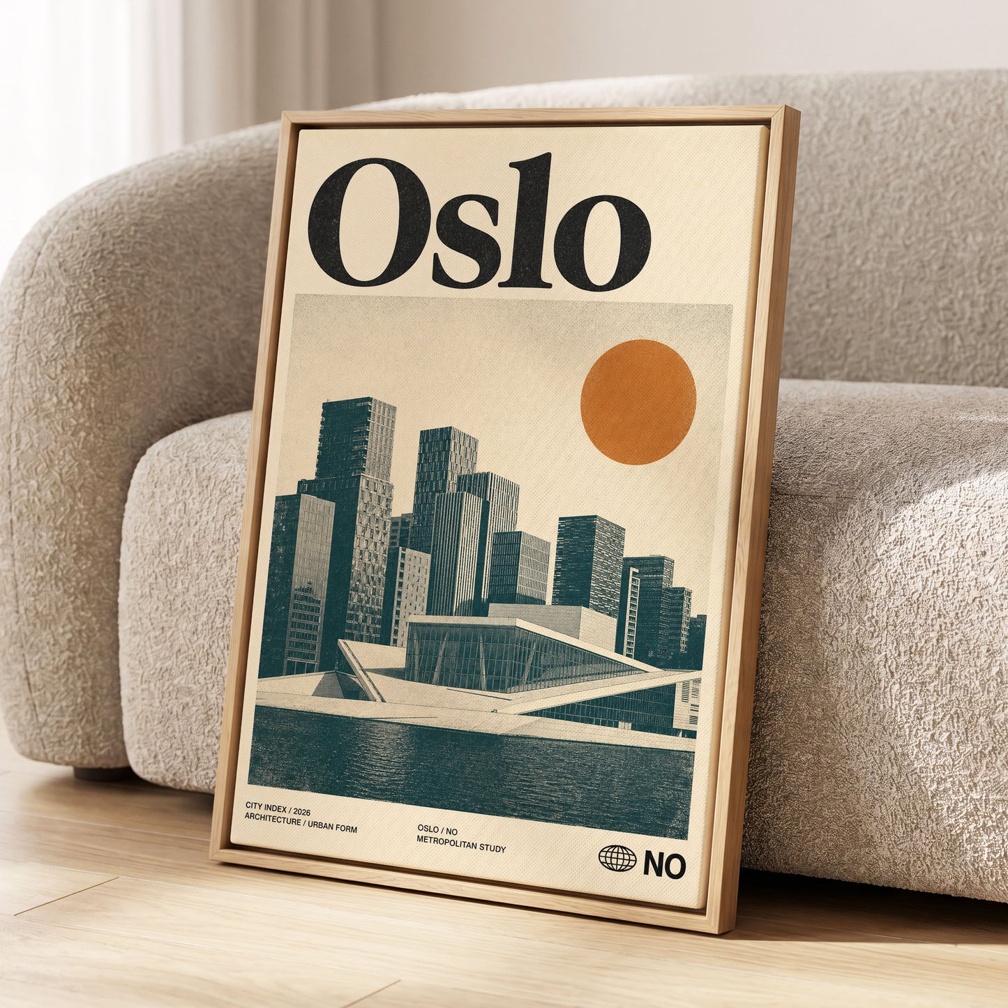 Oslo Modernist Horizon, beige, black, orange minimalist wall art displayed in a styled interior, gallery view 1