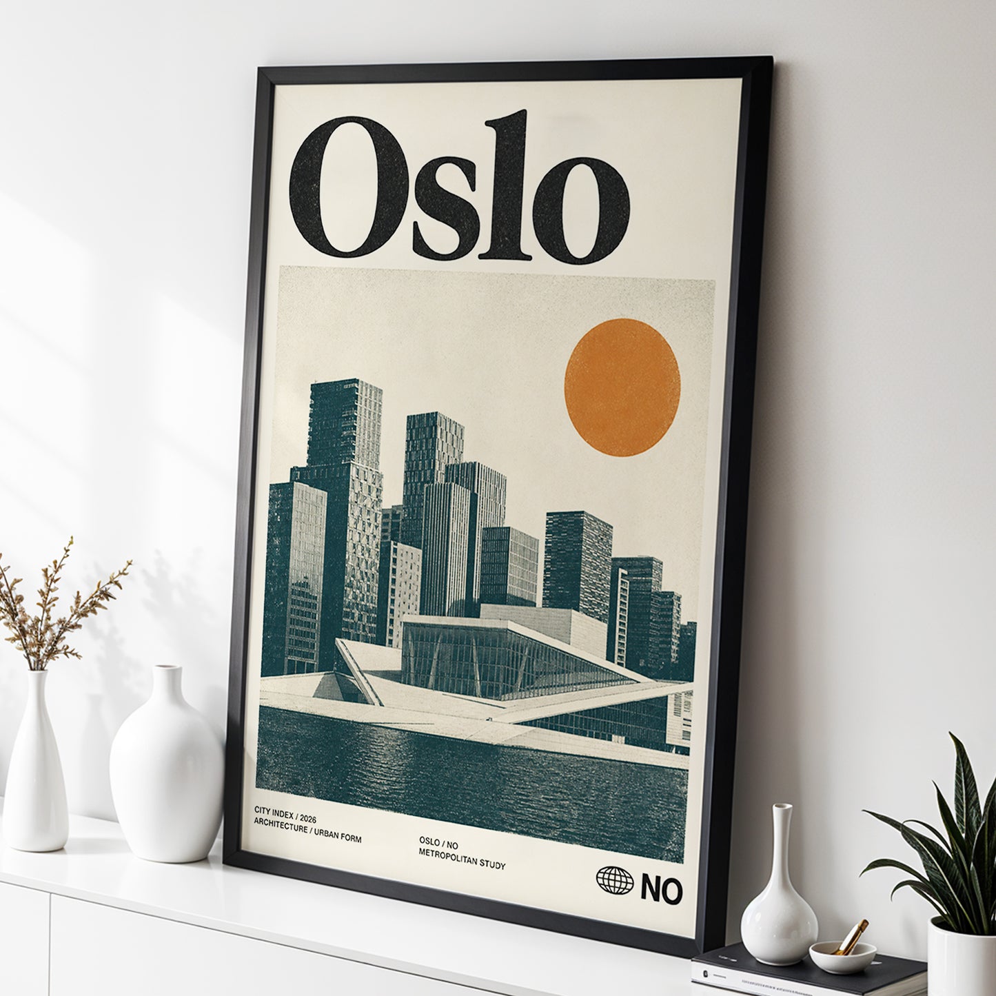 Oslo Modernist Horizon, beige, black, orange minimalist wall art displayed in a styled interior, gallery view 2