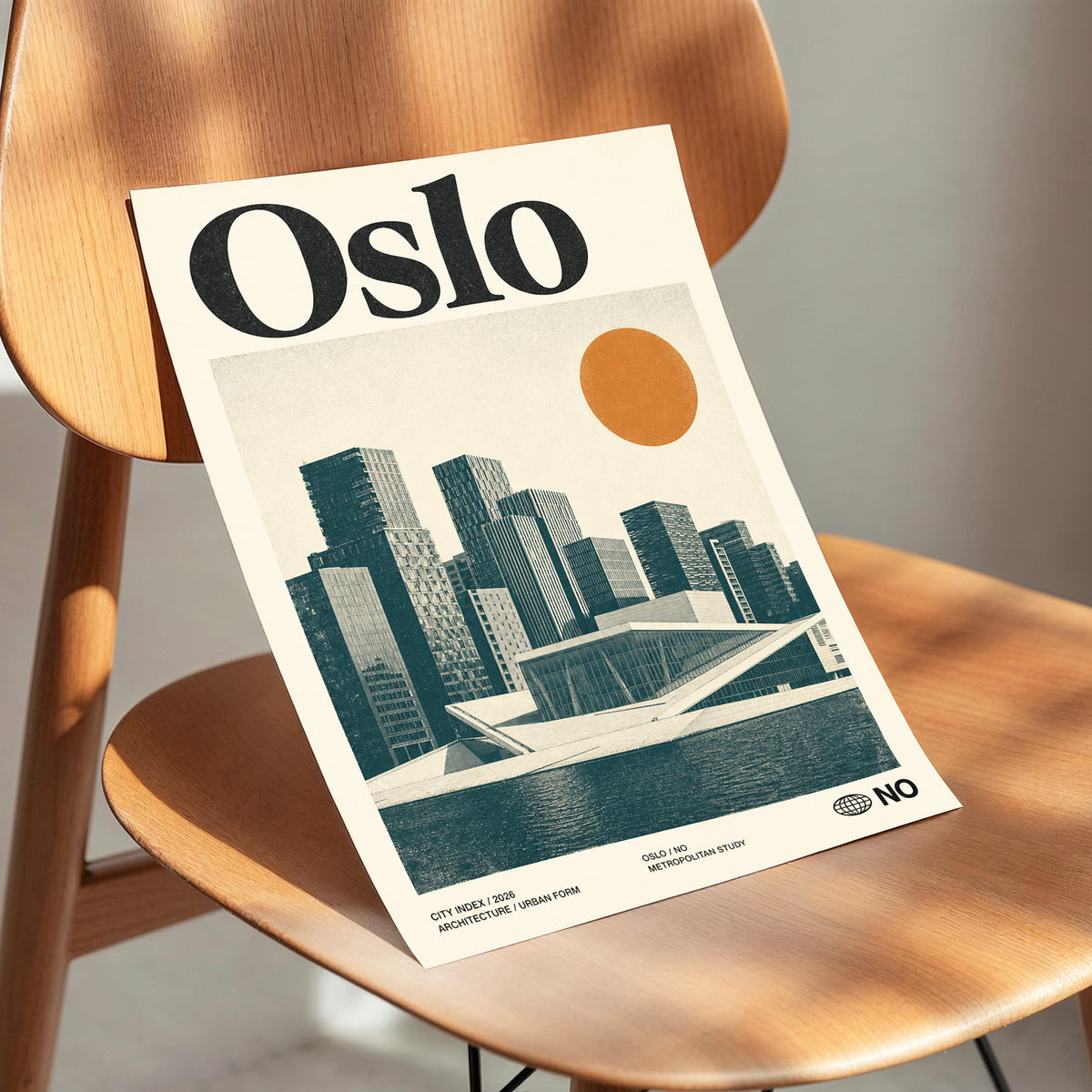 Oslo Modernist Horizon, beige, black, orange minimalist wall art displayed in a styled interior, gallery view 3