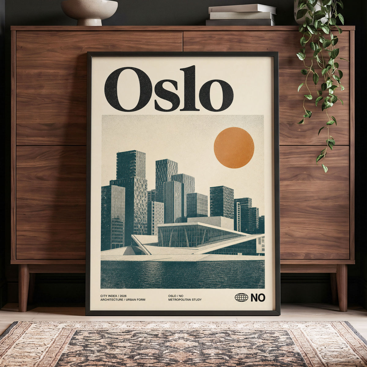 Oslo Modernist Horizon, beige, black, orange minimalist wall art displayed in a styled interior, gallery view 4