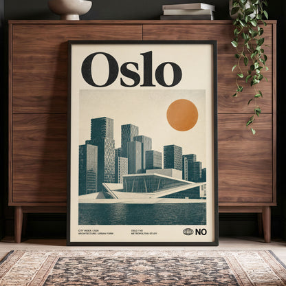 Oslo Modernist Horizon, beige, black, orange minimalist wall art displayed in a styled interior, gallery view 4