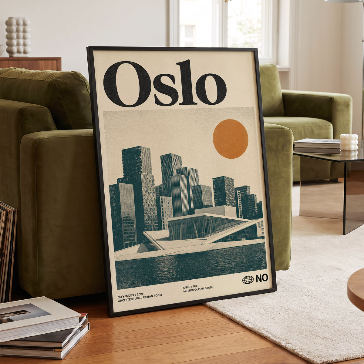 Oslo Modernist Horizon, beige, black, orange minimalist wall art displayed in a styled interior, gallery view 6