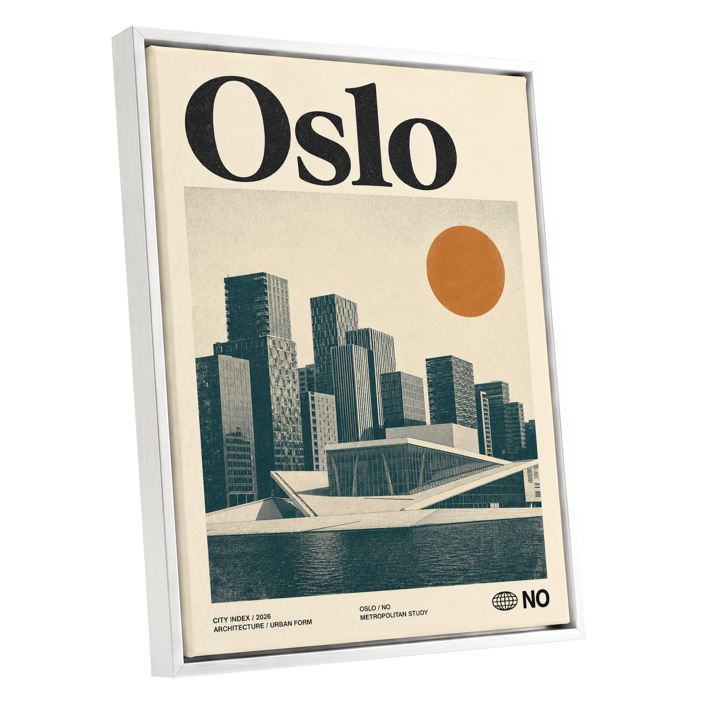 Oslo Modernist Horizon, beige, black, orange minimalist wall art shown as a white framed canvas wall art