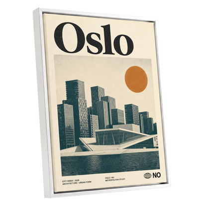 Oslo Modernist Horizon, beige, black, orange minimalist wall art shown as a white framed canvas wall art