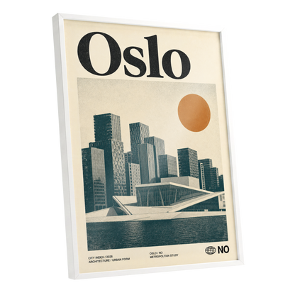 Oslo Modernist Horizon, beige, black, orange minimalist wall art shown as a white framed poster wall art print